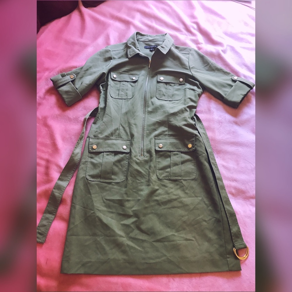 Olive Green Zip Up Front Pocket Military Utility Safari Dress Bronze Buttons